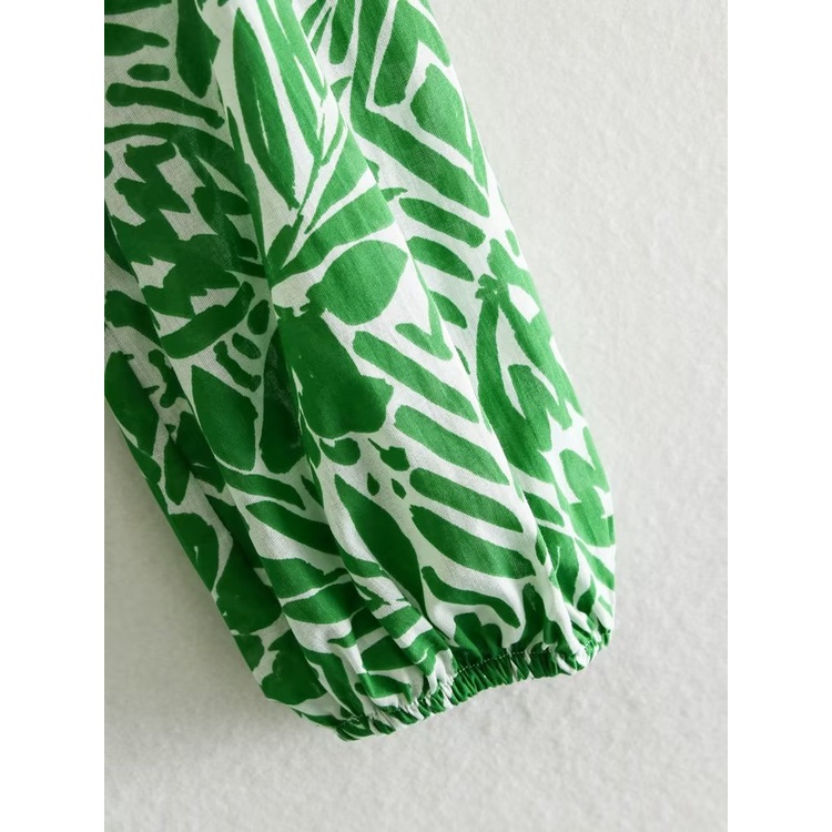 Made in Morocco - Đầm Zara sơ mi hoạ tiết xanh lá cực đẹp DH1SMHG50N10