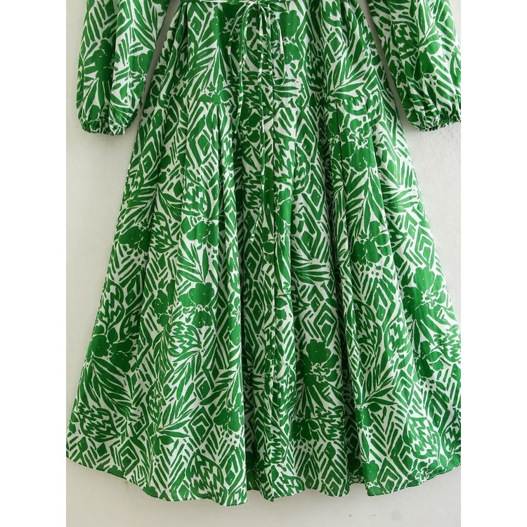 Made in Morocco - Đầm Zara sơ mi hoạ tiết xanh lá cực đẹp DH1SMHG50N10