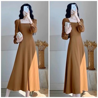 Đầm kem cổ vuông tay dài