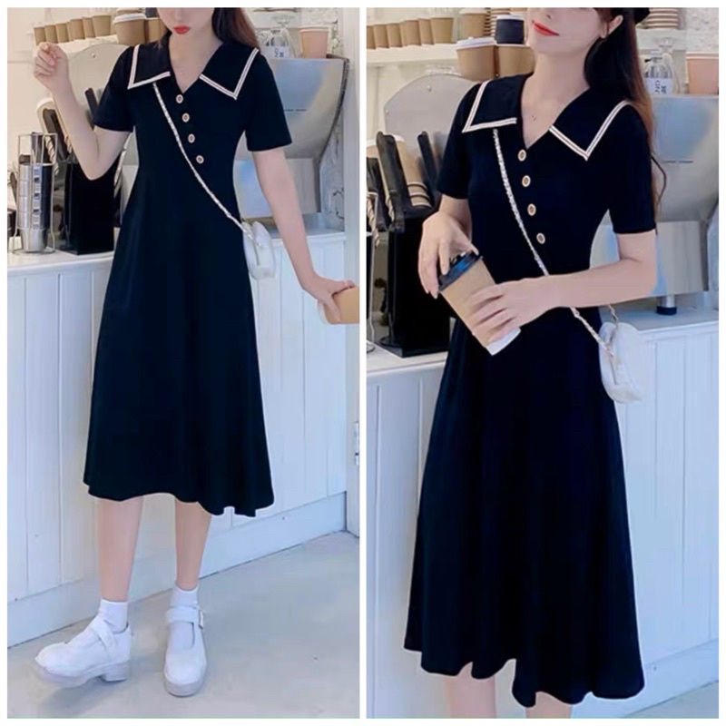 Đầm đen viền trắng nút xéo 2 màu (kèm hình thật)