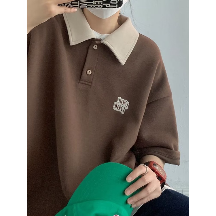 Áo Thun Polo Ngắn Tay Cổ Bẻ Dáng Rộng Màu Trơn In Chữ Phong Cách Harajuku Nhật Bản Thời Trang Mùa Hè Hàng Mới Dành Cho Bạn Nữ
