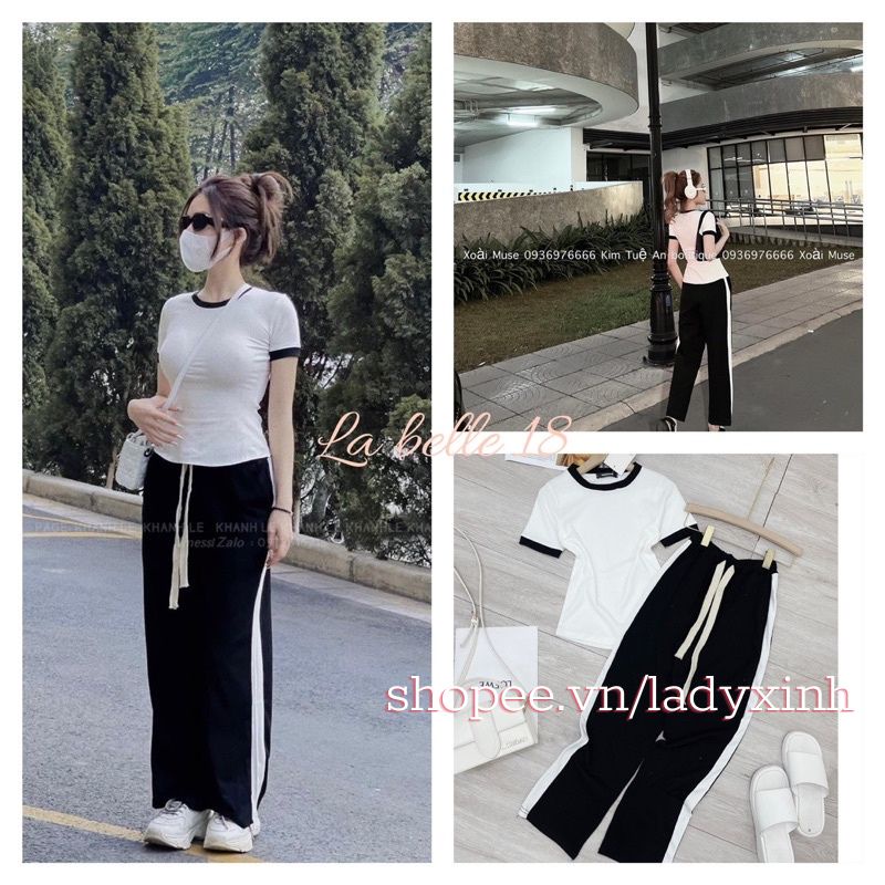 Bộ thể thao nữ áo thun zip phối quần ống suông kẻ vạch trắng trẻ trung LADY XINH - B72