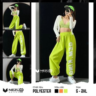 (Sẵn xanh neon đủ size_Ảnh thật) Quần jogger bo gấu đen cam xanh neon in chữ GEM KING sexy hip hop dance đường phố