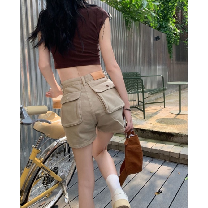 Retro Túi Lớn Dụng Cụ Quần Short Denim Cao Cấp Nữ Kaki Slim Thẳng Nóng Quần Rời Mông Chữ A Quần Short