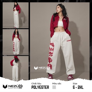 (Sẵn xám) Quần jogger xám đỏ ống suông rút dây gấu in chữ sexy cá tính hip hop dance đường phố