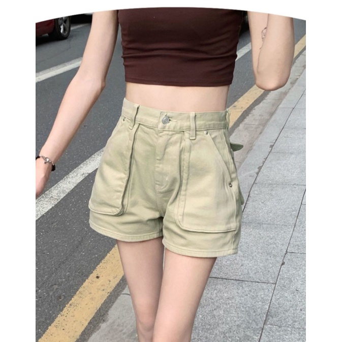 Quần short kaki dụng cụ denim của phụ nữ mùa hè mỏng eo cao túi lớn quần dài kiểu Mỹ rộng rãi