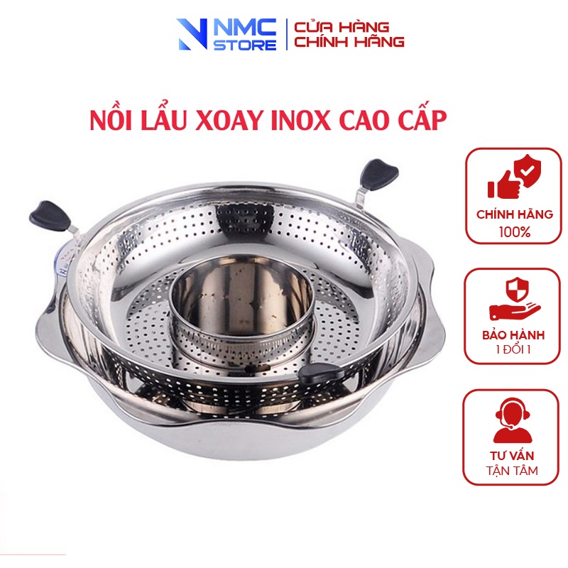 Nồi lẩu inox xoay 2 tầng Hàn Quốc, Nồi lẩu đa năng 2 ngăn dùng được bếp từ và bếp gas, Xoong ăn lẩu inox 304