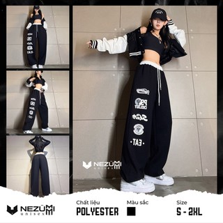 Quần jogger ống suông đen bo gấu in chữ cạp nối sexy cá tính hip hop dance đường phố