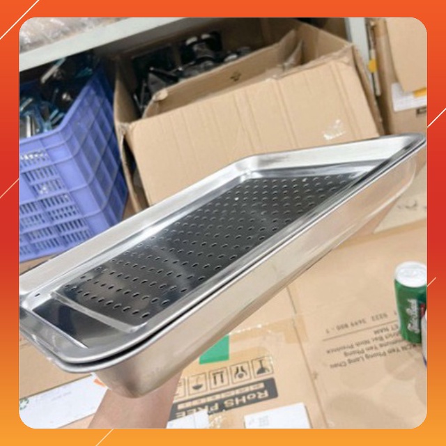 Khay inox đựng thức ăn có lỗ - mâm trà chữ nhật nhiều cỡ nhỏ