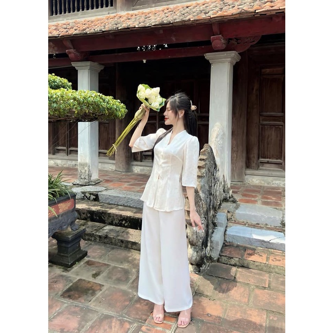Nguyên bộ lam gấm tuyết nhung ống suông nút bọc