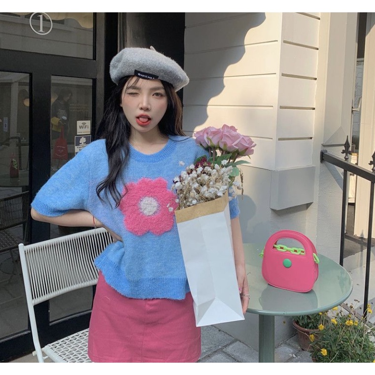 Áo len dệt kim dáng ngắn áo len nữ ngắn tay mùa hè phong cách mới ngọt ngào đáng yêu