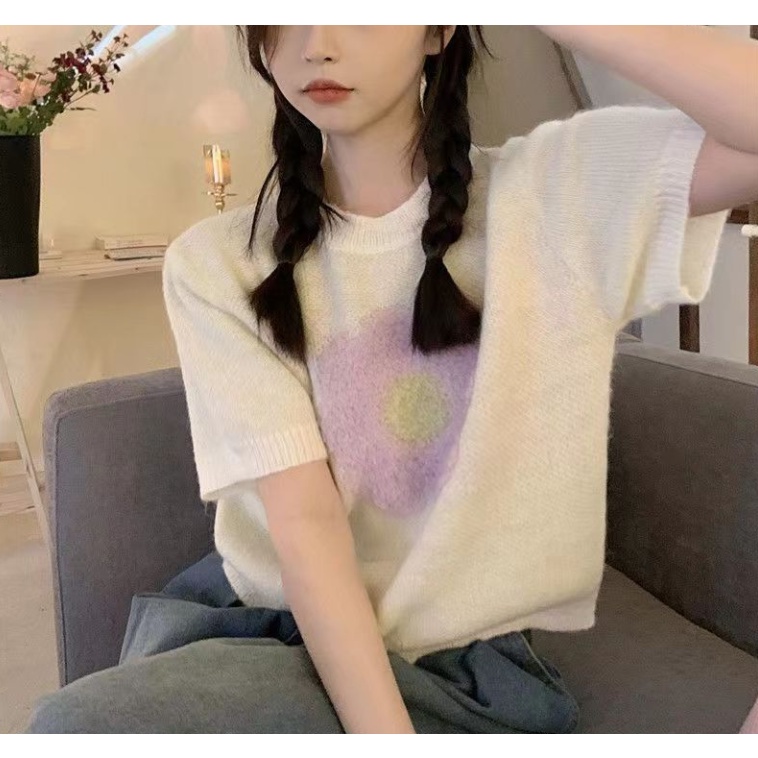 Áo len dệt kim dáng ngắn áo len nữ ngắn tay mùa hè phong cách mới ngọt ngào đáng yêu