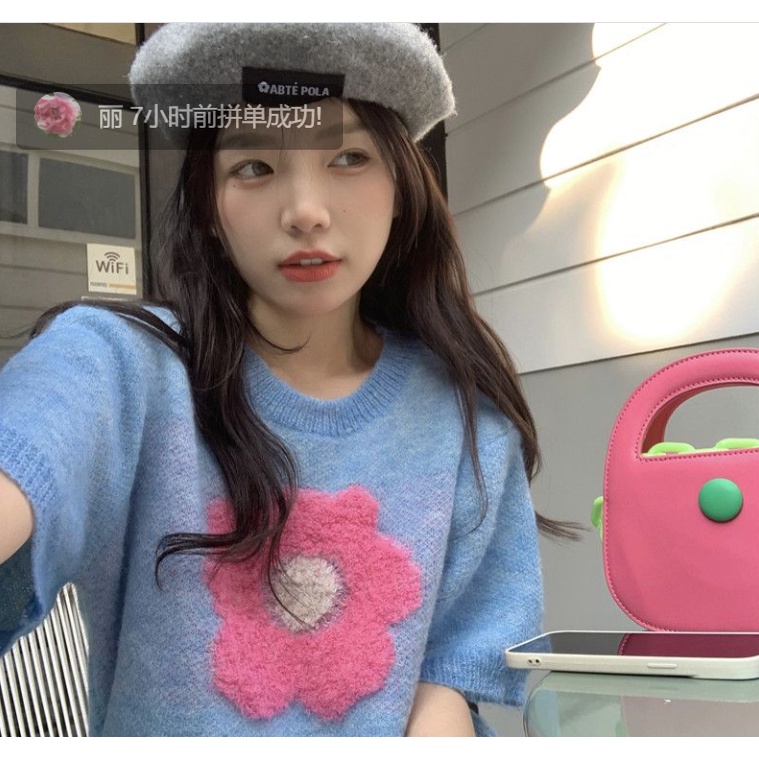 Áo len dệt kim dáng ngắn áo len nữ ngắn tay mùa hè phong cách mới ngọt ngào đáng yêu