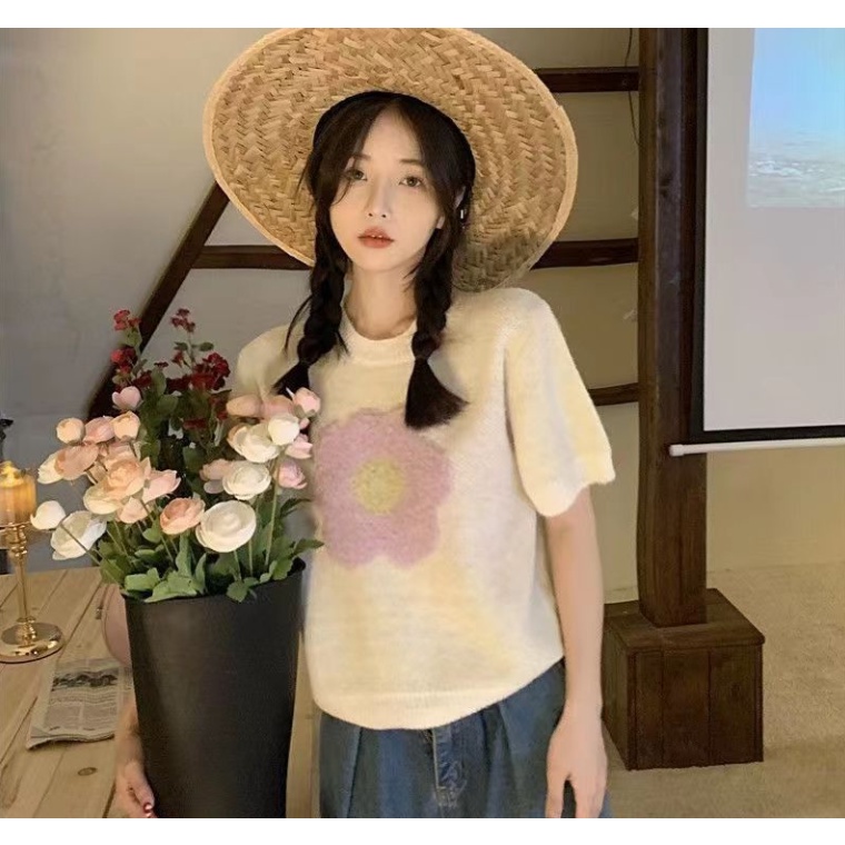 Áo len dệt kim dáng ngắn áo len nữ ngắn tay mùa hè phong cách mới ngọt ngào đáng yêu