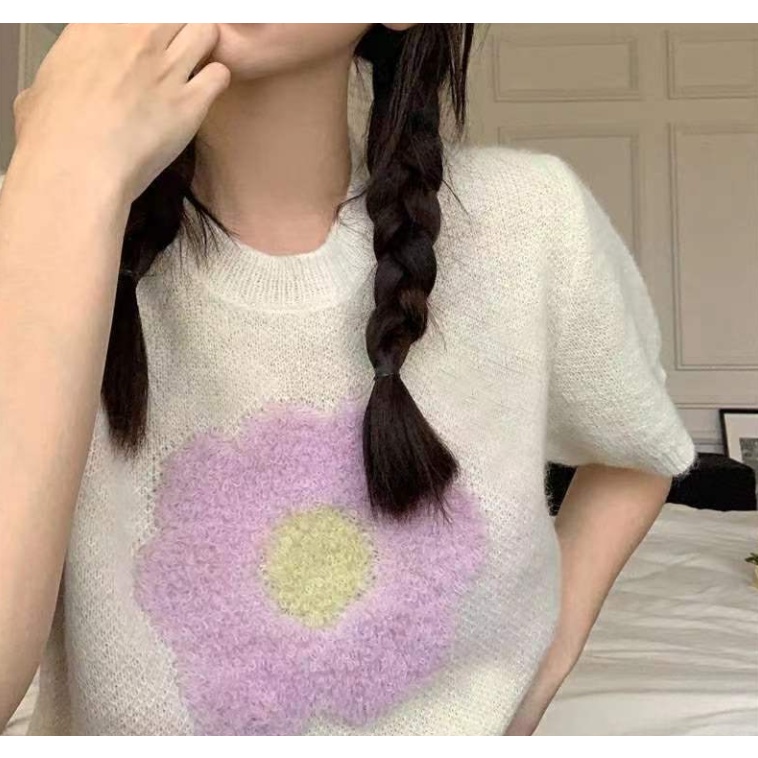 Áo len dệt kim dáng ngắn áo len nữ ngắn tay mùa hè phong cách mới ngọt ngào đáng yêu