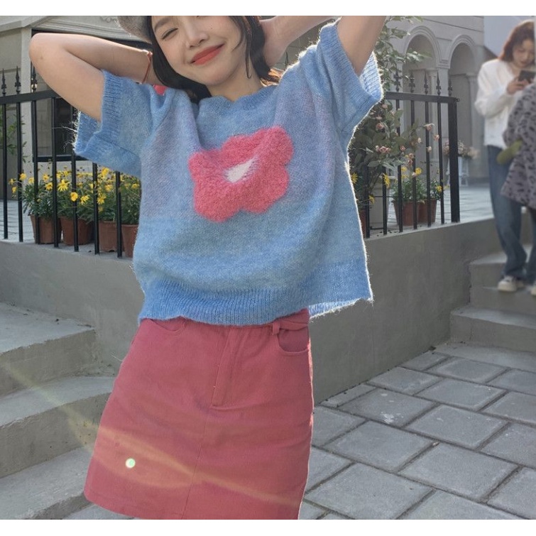 Áo len dệt kim dáng ngắn áo len nữ ngắn tay mùa hè phong cách mới ngọt ngào đáng yêu
