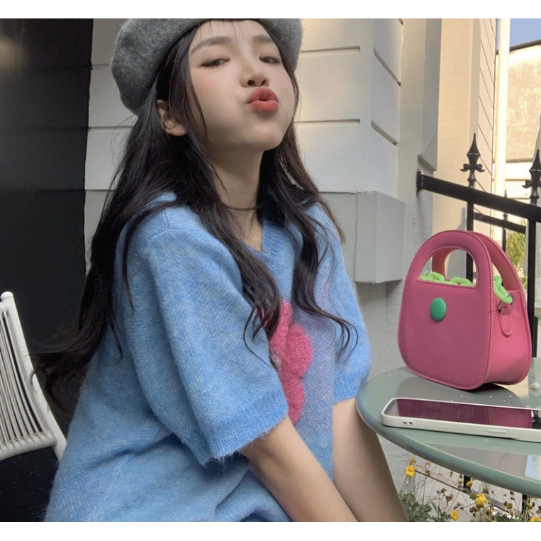 Áo len dệt kim dáng ngắn áo len nữ ngắn tay mùa hè phong cách mới ngọt ngào đáng yêu