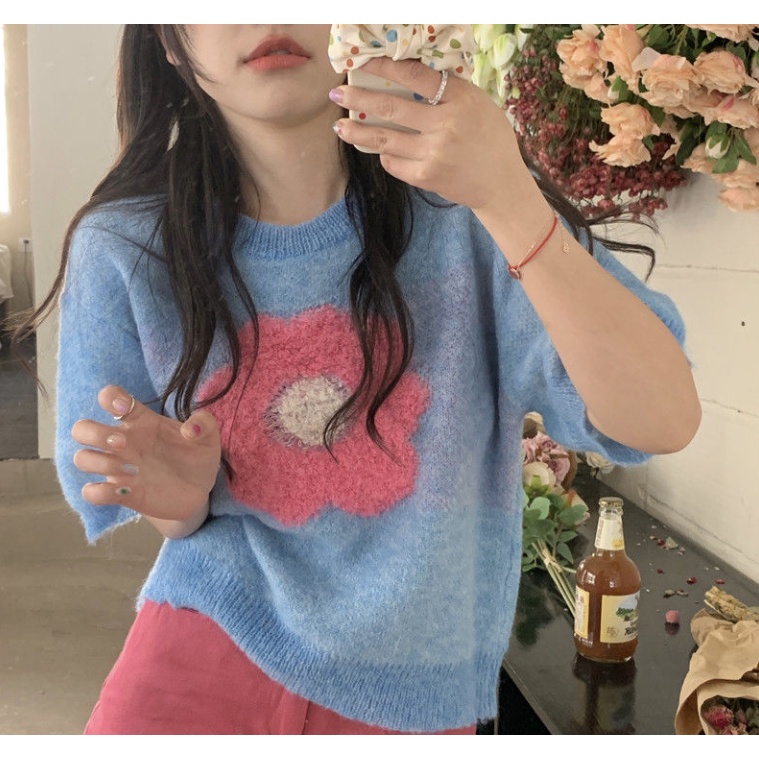 Áo len dệt kim dáng ngắn áo len nữ ngắn tay mùa hè phong cách mới ngọt ngào đáng yêu