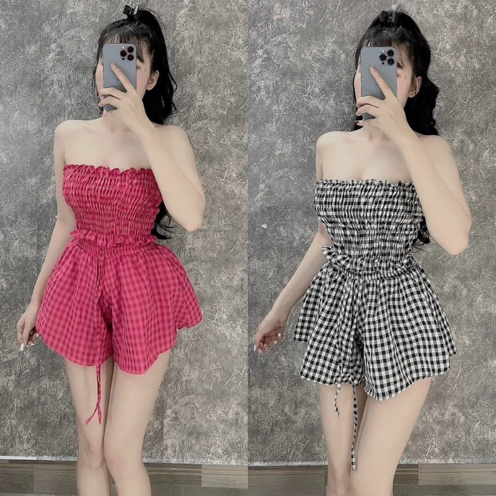 Set đồ bộ nữ áo quây nhún cúp ngực mix quần đùi ống rộng họa tiết caro xinh xắn, dành cho các nàng mặc ở nhà, dạo phố .