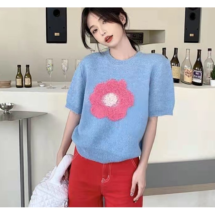 Áo len ngắn tay cổ tròn họa tiết hoa ba chiều dễ thương cho nữ thiết kế hoa mặt trời mới ngắn tay