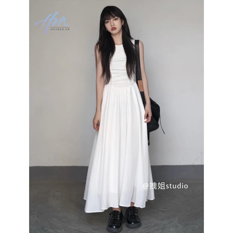 Đầm Dài Xếp Ly Sát Nách Dáng Ôm Màu Trắng Phong Cách Cổ Điển Thời Trang Xuân Hè Kiểu Mới Cho Nữ