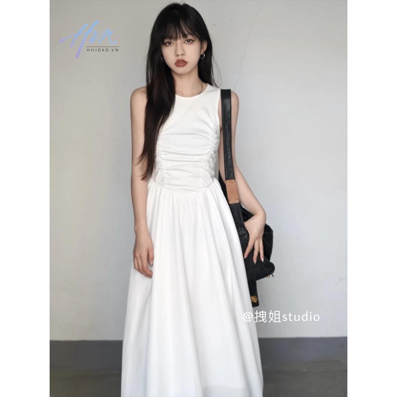 Đầm Dài Xếp Ly Sát Nách Dáng Ôm Màu Trắng Phong Cách Cổ Điển Thời Trang Xuân Hè Kiểu Mới Cho Nữ