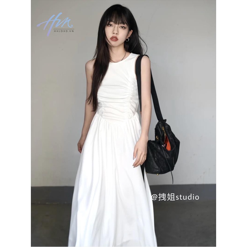 Đầm Dài Xếp Ly Sát Nách Dáng Ôm Màu Trắng Phong Cách Cổ Điển Thời Trang Xuân Hè Kiểu Mới Cho Nữ