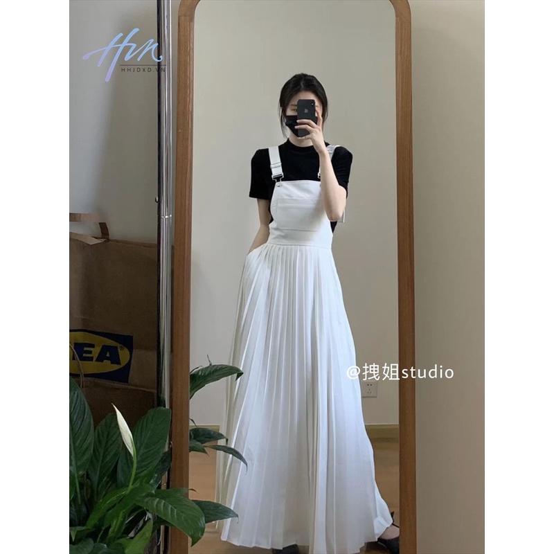 Set Áo Thun Đen Và Chân Váy Yếm Dài Xếp Ly Phong Cách Hàn Quốc Thời Trang Xuân Hè Xinh Xắn Cho Nữ