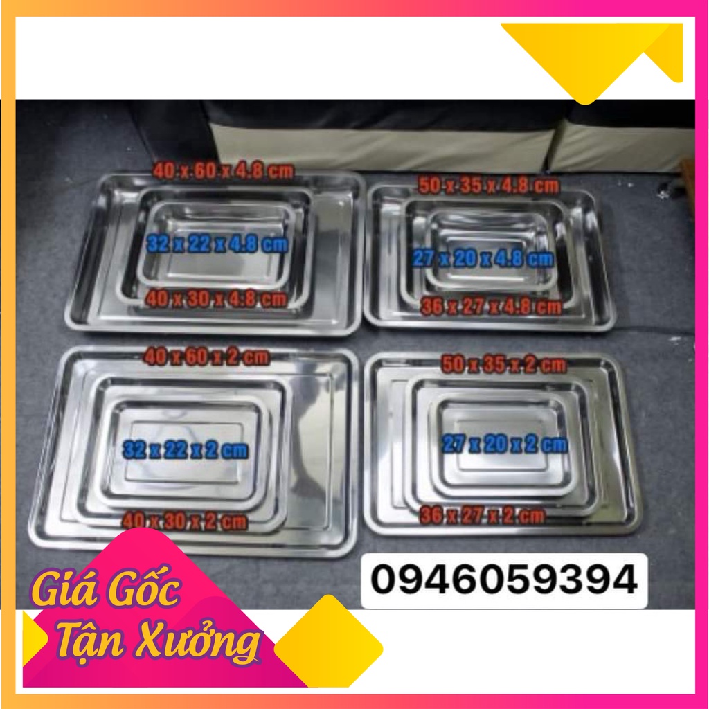 Khay inox cao cấp cỡ lớn bê đồ ăn, đựng thực phẩm, thức ăn sâu 2 cm