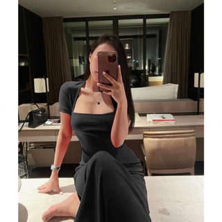 Đầm tay ngắn cổ vuông dáng dài maxi ôm body trơn cực hot , chất thun gân dày dặn