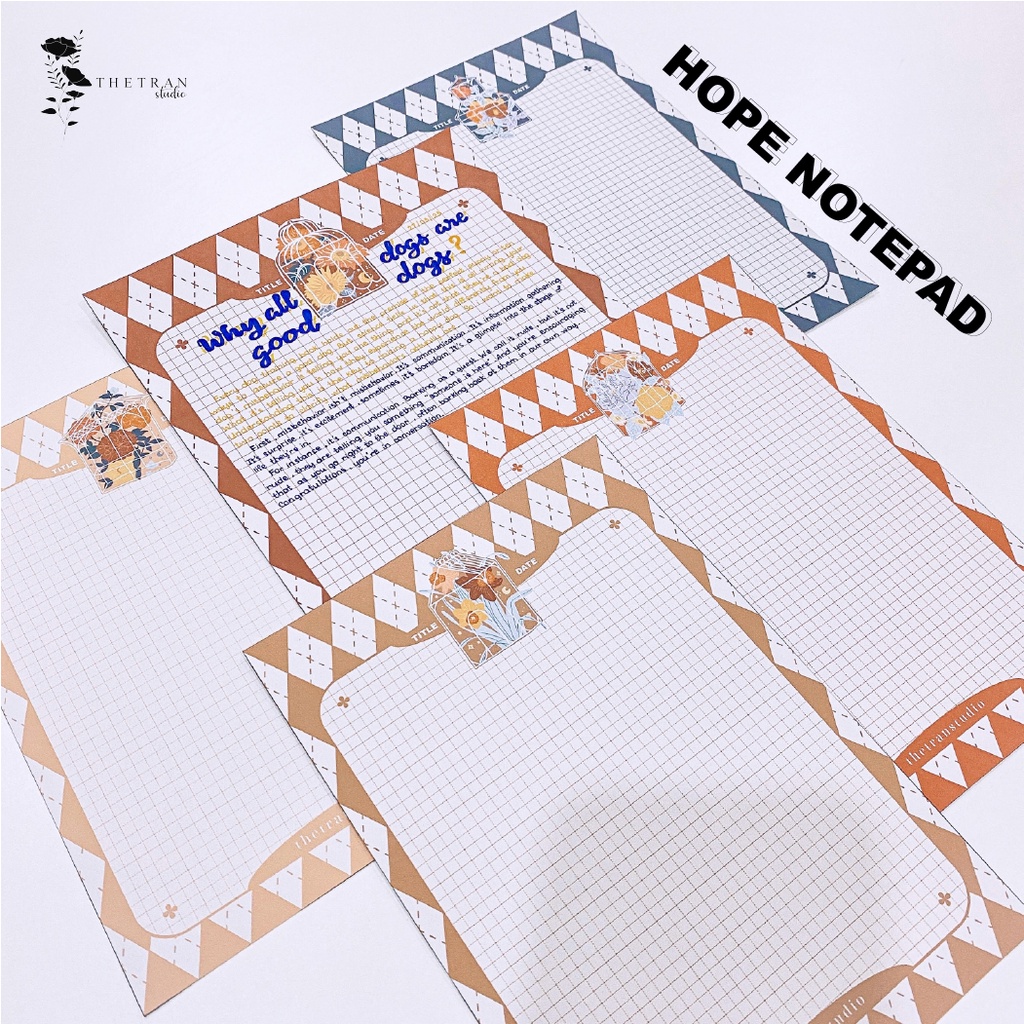 Bộ 10 tờ giấy ghi chép kẻ caro - A4, B5, A5, A6 hoa cổ điển / hope notepad / thetranstudio
