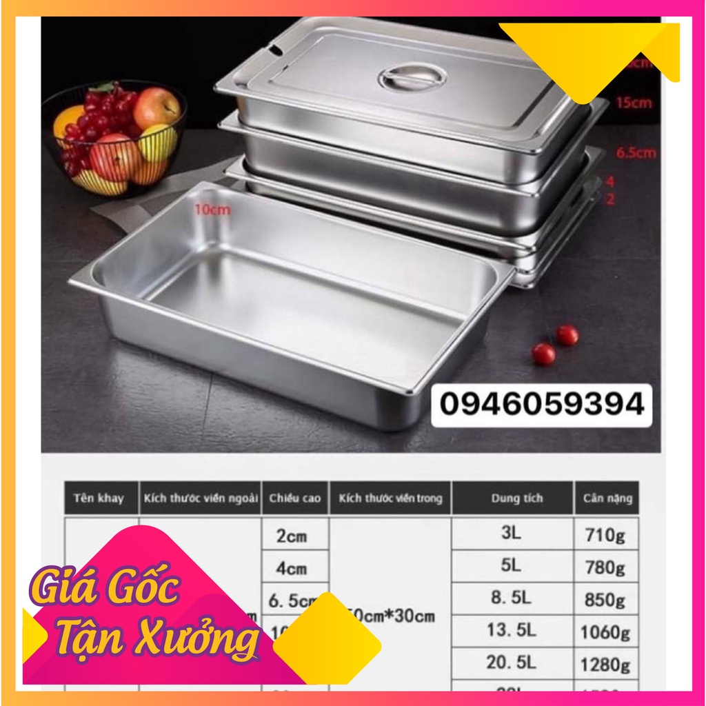 Khay inox đựng đồ ăn, pudding, thạch, chè GN 1/1, 1/2 sâu 20cm có nắp  12L - 28L Hàn Quốc