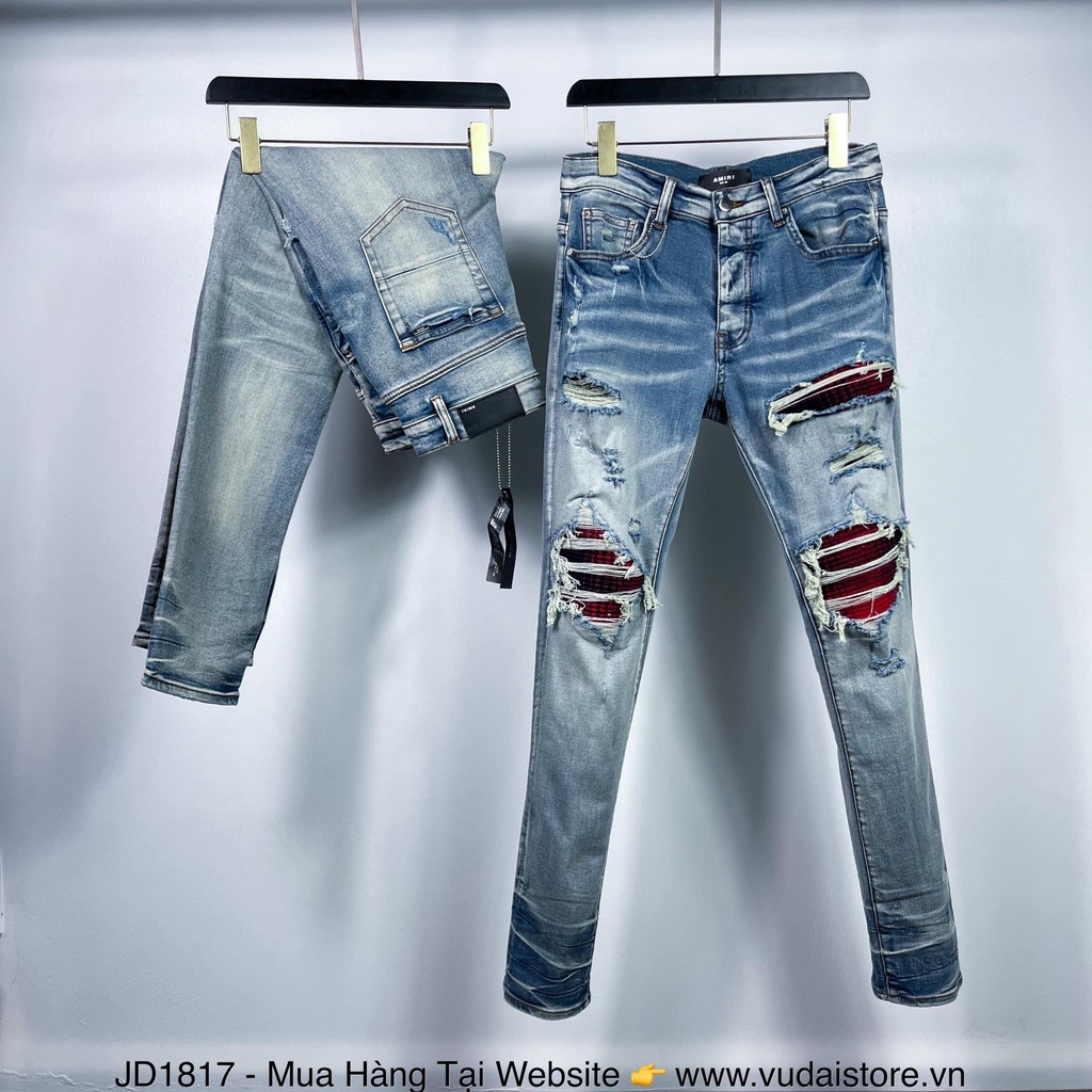 Quần JEAN Skinny AMIRI Nam Wash Xanh Khói Rách Xù Viền Vá Vải Nhăn Đỏ Quần Bò Nam Xanh Khói Gối Vá Đỏ