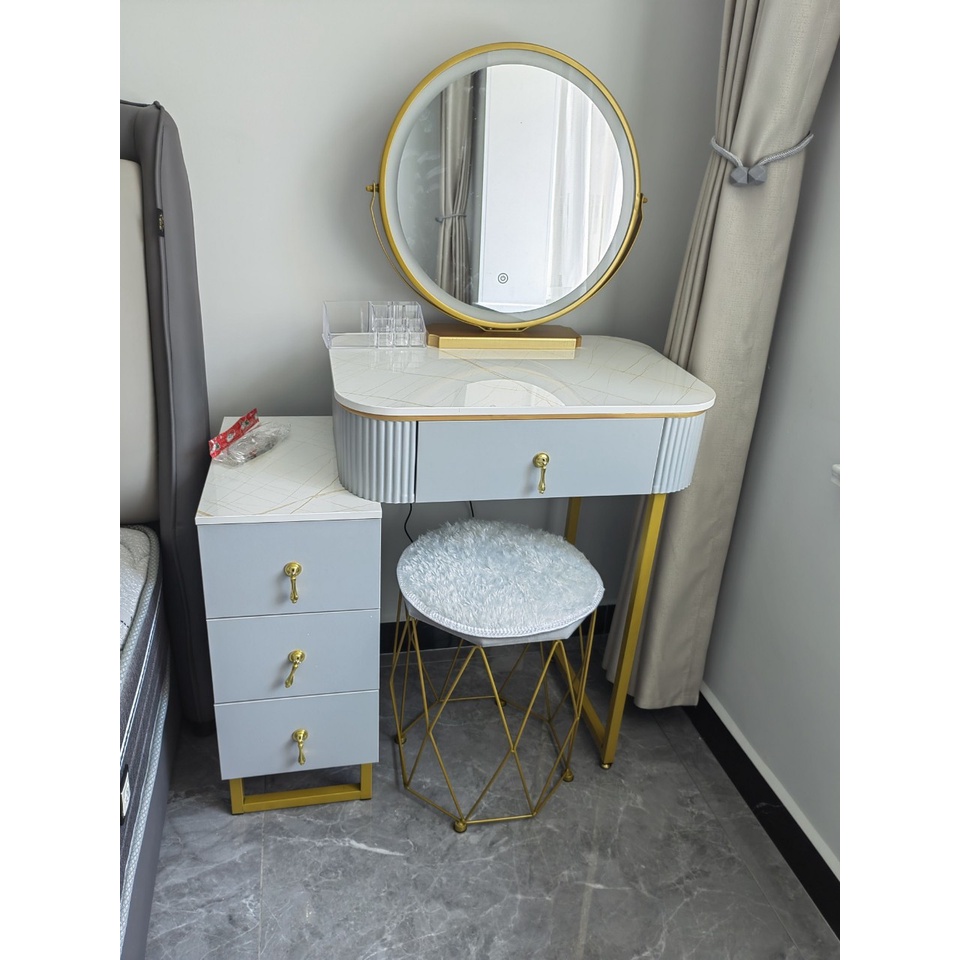 Bộ bàn trang điểm có ghế và gương led cảm biến 3 màu size 60 màu xám