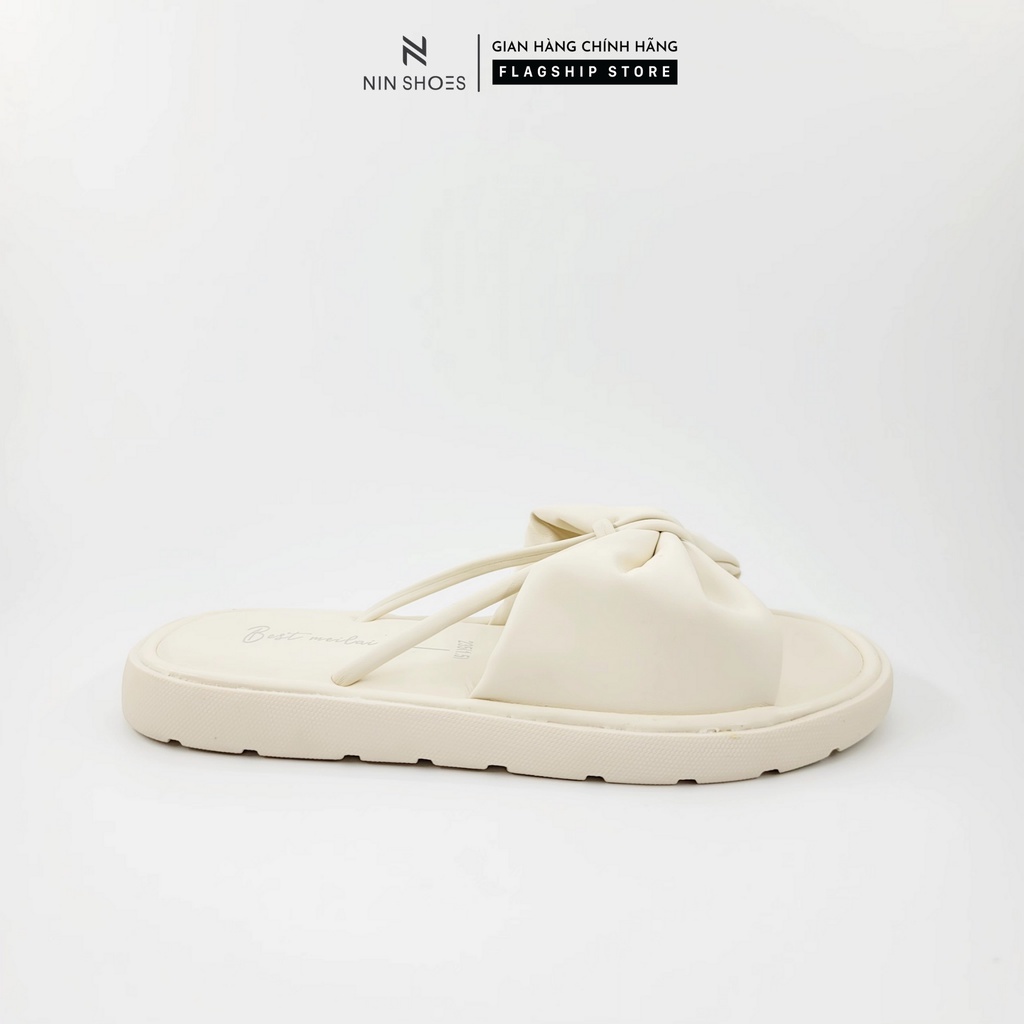 Dép lê nữ Ninshoes bánh mỳ đế bằng mũi tròn to gắn nơ nút thít day chéo 2 bên êm chân