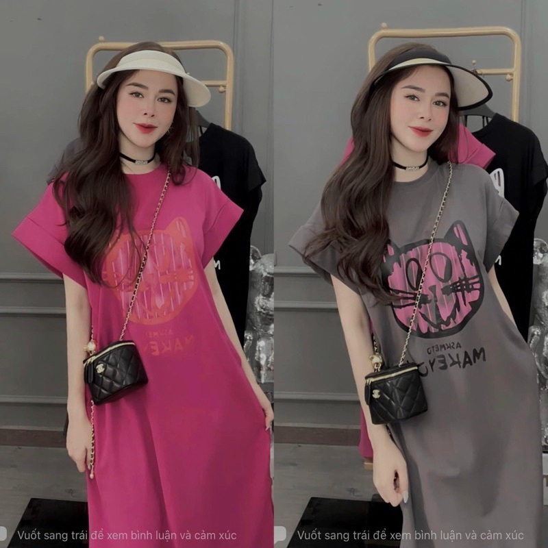 Váy suông , đầm cotton dáng dài in mèo make co dãn mặc dạo phố xinh
