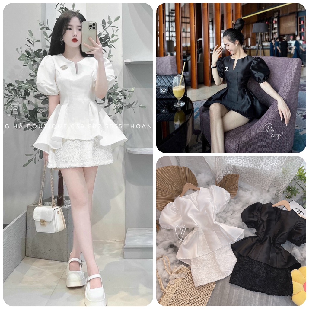 SET ÁO PEPLUM TAFTA CỔ V TAY PHỒNG + CHÂN VÁY REN 2 MÀU