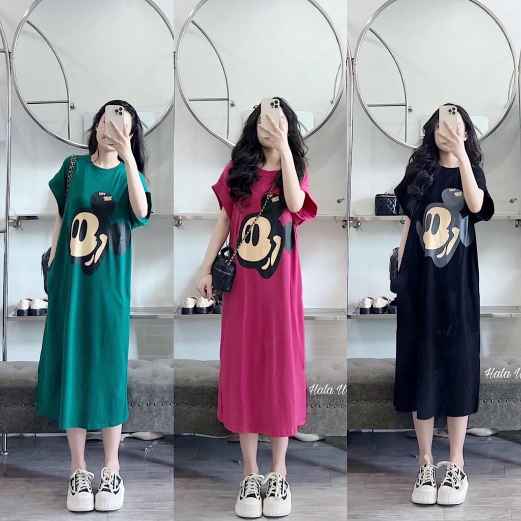 Váy ngủ nữ, đầm ngủ dáng suông chất cotton tay ngắn in hình MICKY YOU cổ tròn dài 110cm