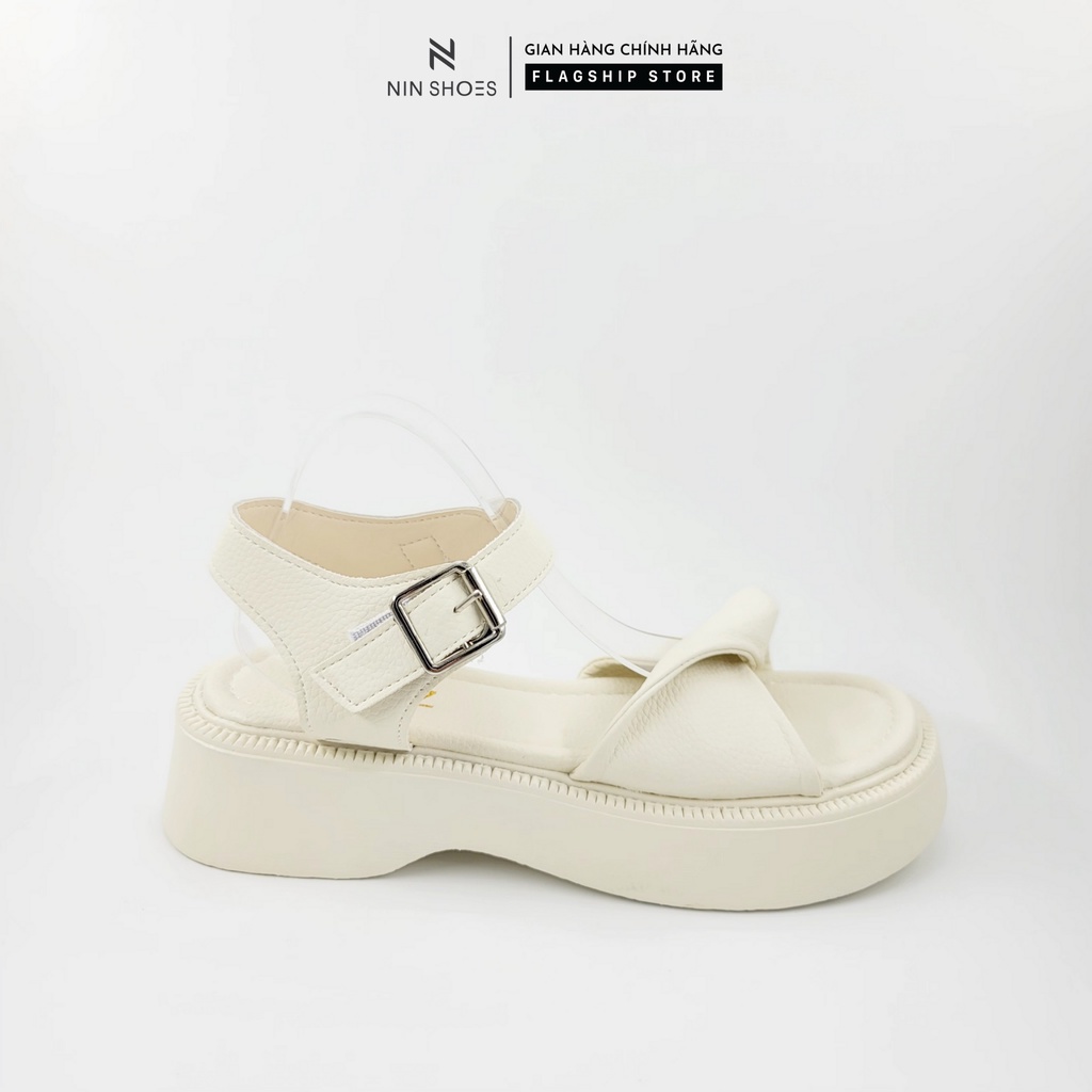 Dép lê nữ Ninshoes mũi tròn đế bánh mỳ 2 dây đan chéo nhau quai hậu sau dính