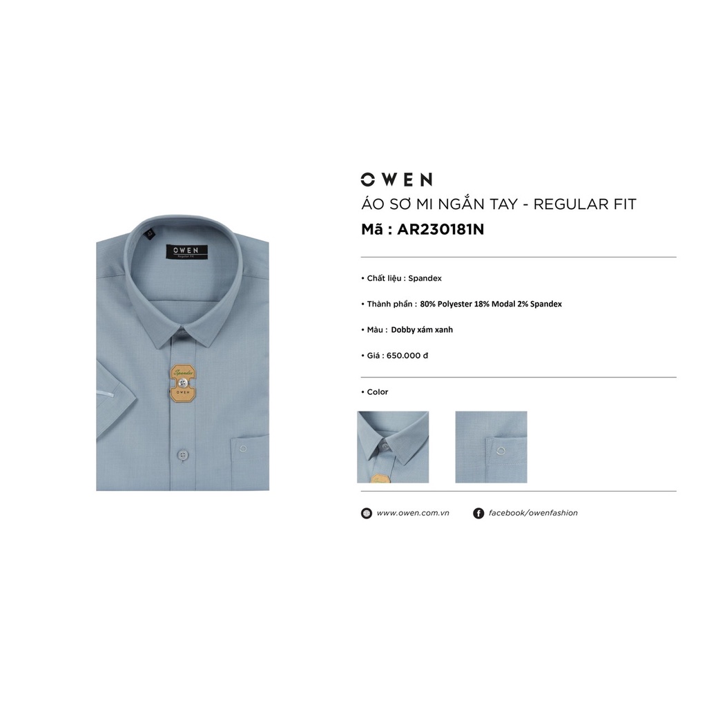 Áo sơ mi owen ngắn tay màu dobby xám xanh regular fit vải sồi AR230181N