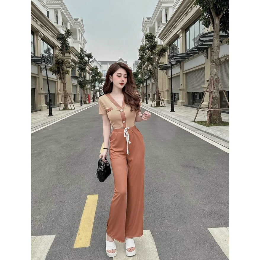 [New Sales 2024] Set bộ nữ áo croptop cổ v phối viền đính nút, chất thun cotton mix quần suông siêu sinh xắn đi chơi