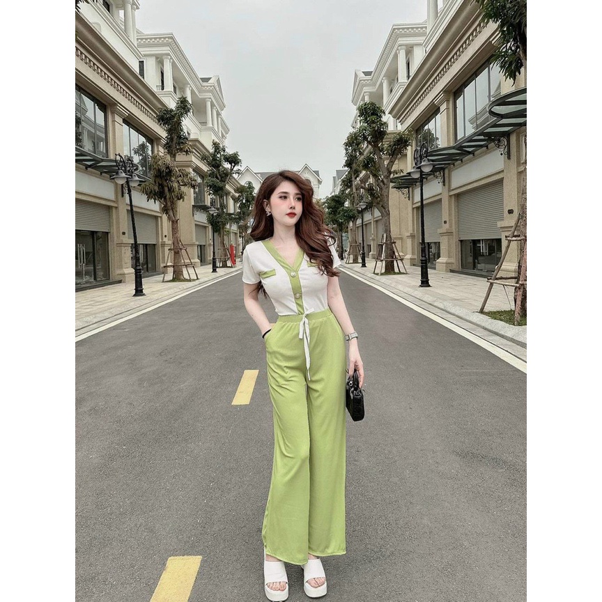 [New Sales 2024] Set bộ nữ áo croptop cổ v phối viền đính nút, chất thun cotton mix quần suông siêu sinh xắn đi chơi