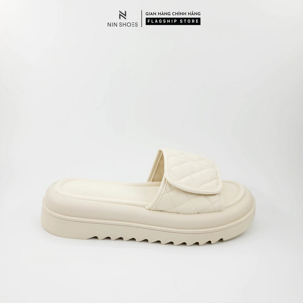 Dép lê nữ Ninshoes bánh mỳ quai dính thuê kẻ caro đế bằng mũi tròn to êm chân