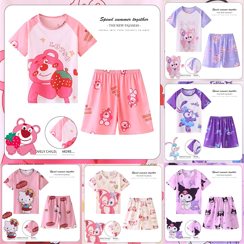 Bộ Đồ Ngủ Gấu Dâu Lotso Pijama Cho Bé Ngắn Tay In Hoạt Hình Hello Kitty Sanrio Kuromi Thời Trang Mùa Hè