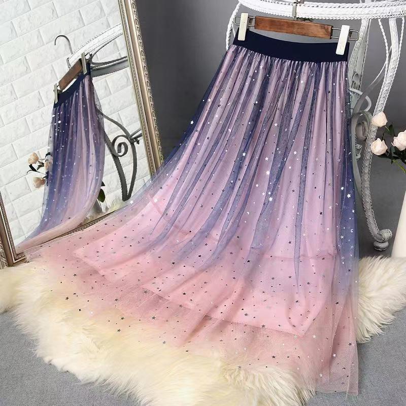 Chân Váy Lưới Dáng Vừa Phối Màu Gradient Lấp Lánh Thời Trang Mùa Hè Mới Cho Bé Gái 11-14 Tuổi