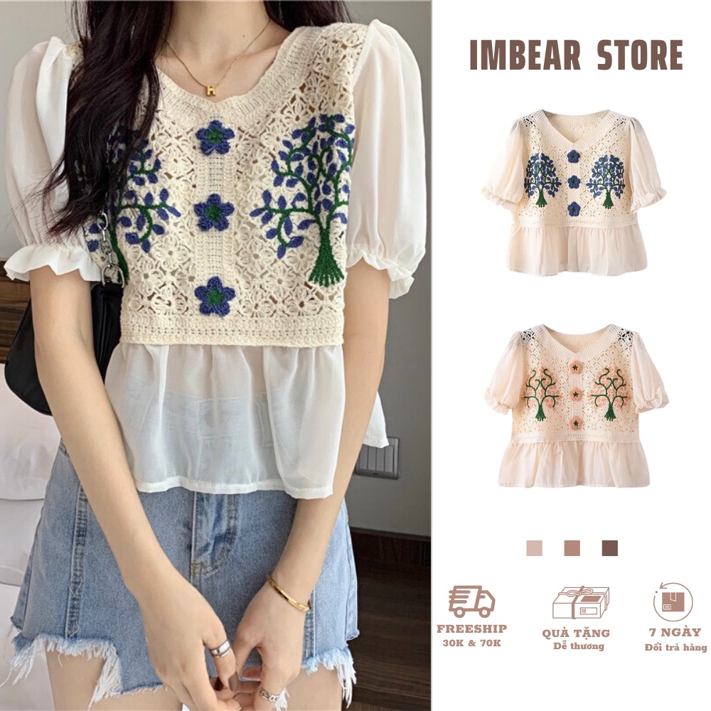 Áo sơ mi nữ kiểu chiffon ngắn tay cổ chữ V họa tiết thêu hoa xinh xắn áo sơ mi kiểu nữ tay phồng SMDK03 IMBEAR STORE