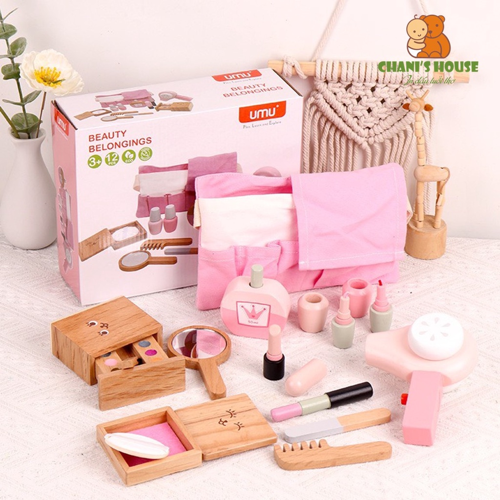 ĐỒ CHƠI DỤNG CỤ TRANG ĐIỂM KÈM TÚI UMU CHO BÉ BẰNG GỖ CHẤT LƯỢNG CAO