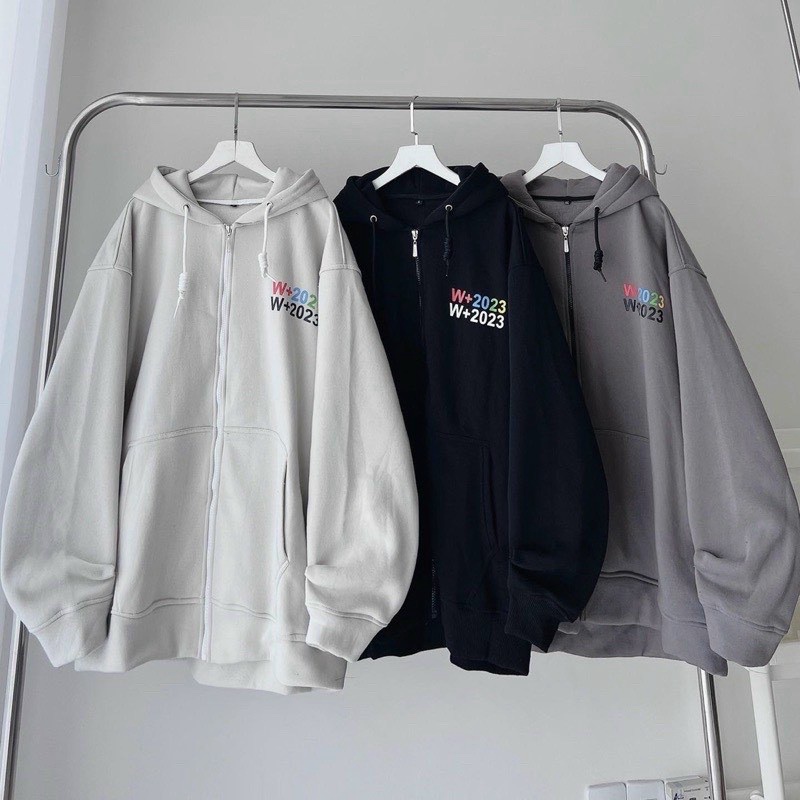 Áo khoác nam nữ Hoodie nỉ trơn Basic in chữ W+2023 form rộng khóa kéo có mũ Ulzzang giá rẻ couple Hopy_Store