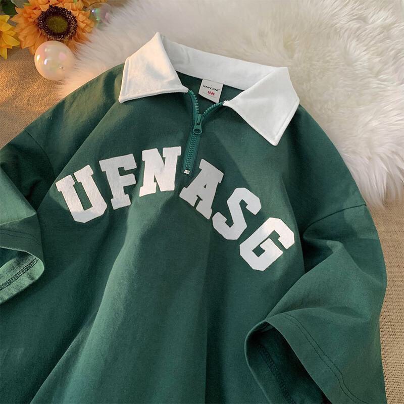 Áo thun polo nam nữ Áo thun cổ bẻ kéo khoá form rộng unisex in chữ UFNASG Overszied