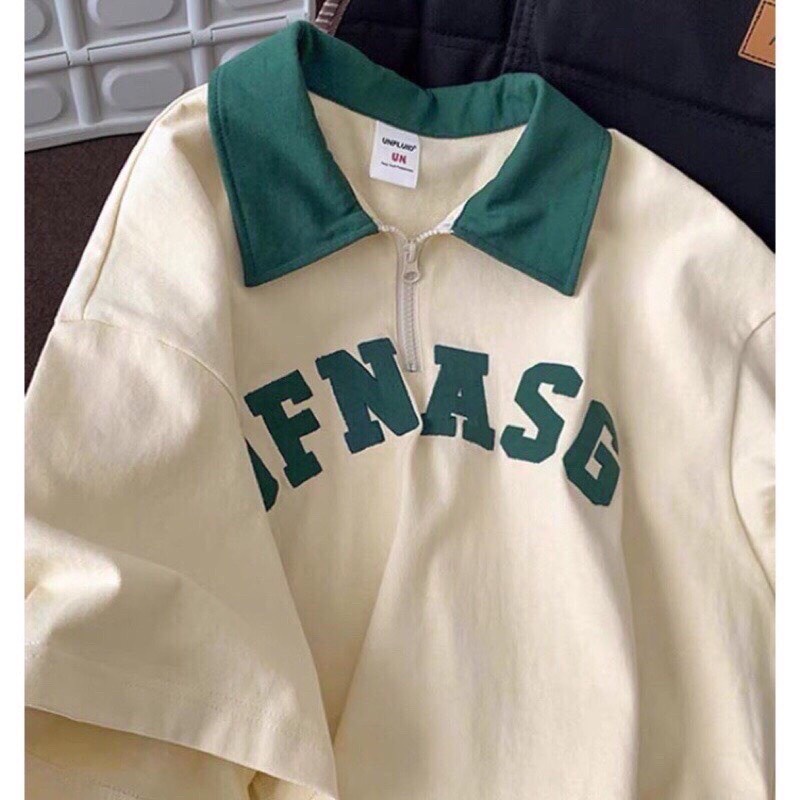 Áo thun polo nam nữ Áo thun cổ bẻ kéo khoá form rộng unisex in chữ UFNASG Overszied